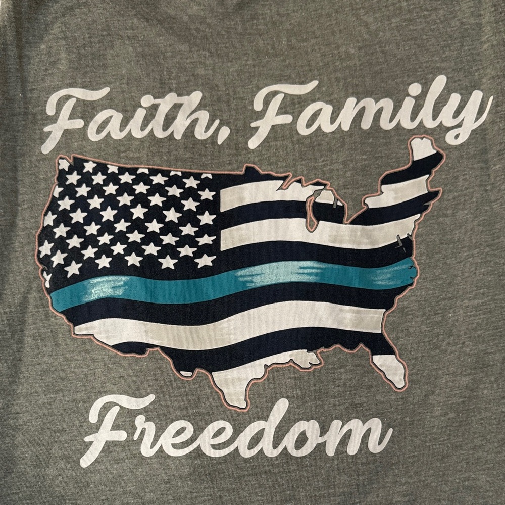 STRONG Patriotic Short Sleeve Graphic Tee “Faith Family Freedom” USA Flag